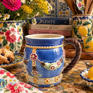 Vintage 1991 Wanjiang Nouveau Majolica CBK Blue Floral Pottery Mug Twist Handle